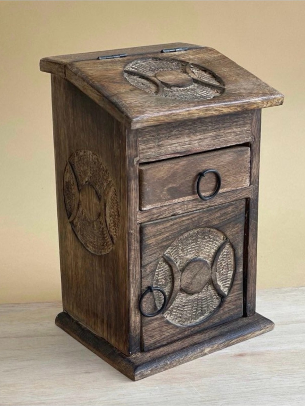 Handmade Wooden Triple Moon Goddess Storage Box – 10” – Multi-Compartment Altar